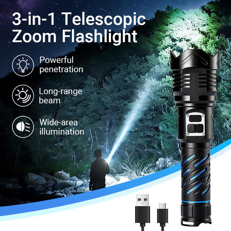 Rechargeable Super Bright Tactical Flashlight – High Lumens Zoomable LED Torch, 5 Modes, Waterproof IPX7, USB-C Rechargeable, Durable Outdoor Camping & Home Emergency Light