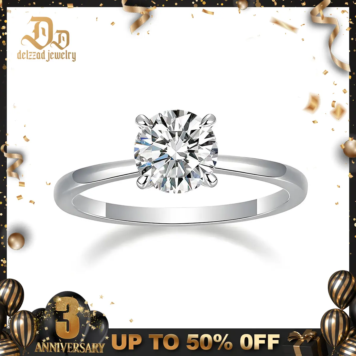 Delzzad S925 Solitaire Four-Prong Ring Lab-Created Moissanite Engagement Ring Band for Her Best Gift Christmas Gift