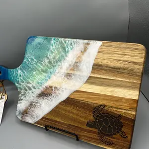 Turtle Serving Tray with Ocean Wave Design and Wooden Base for Serving