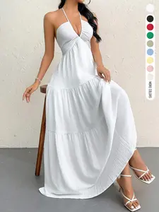 Women's Summer Daily French Vacation Relaxed Backless Bow Layered Cake Flare Deep V Halter Neck Dress Home Outdoor City Regular Trend Casual Elegant Youthful Simple Versatile Texture Temperament Artistic