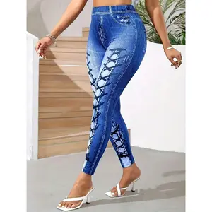 Women's High-Waisted Stretchy Polyester Leggings - Blue All-Season Faux Denim Print Slim-Fit Pants with Floral Pattern, Machine Washable for Casual & Formal Wear, High Waisted Leggings, Versatile Bottoms, Trendy Design, Durable Material, Printed Bottoms,