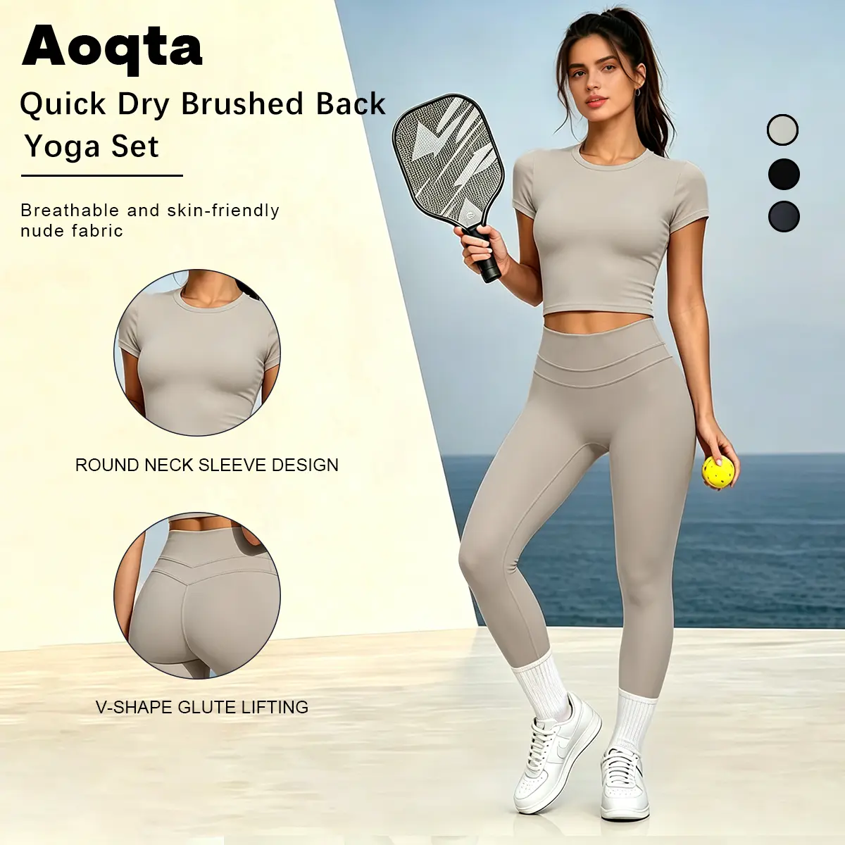 Aoqta women’s quick-dry fleece-backed yoga set in nude fabric, featuring a round-neck short-sleeve crop top and high-waisted V-shaped butt-lifting yoga leggings. Breathable, stretchy outfit suitable for yoga, Pilates, and pickleball workouts.
