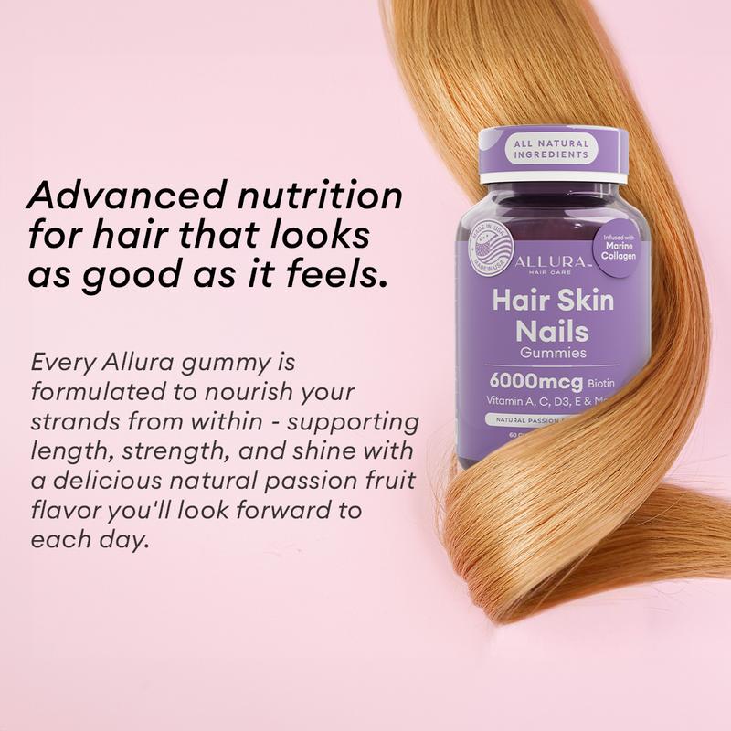 Hair Skin and Nails Vitamins for Women – Extra Strength 6000mcg Biotin Hair Gummies with Marine Collagen, Vitamin E, A, C & PABA for Hair Growth, Healthy Skin & Nails – Made in US, Passion Fruit, 60ct