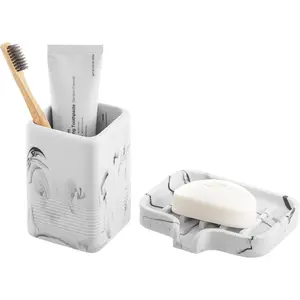 Toothbrush holder and soap dish set resin toothbrush cup bathroom cup tumbler marble design self draining bar soap holder shower for bathroom holder and organizer white