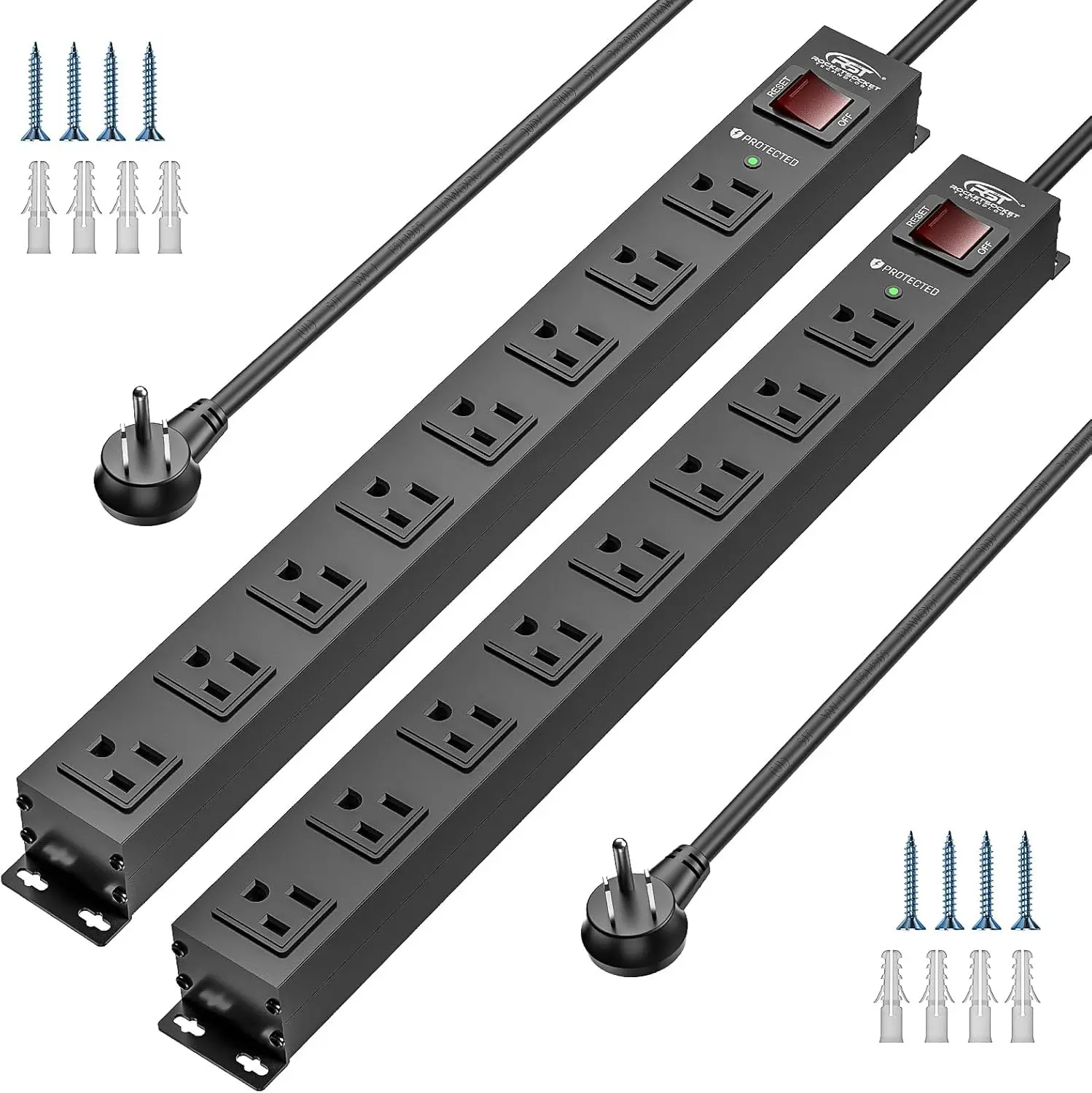 CRST 2-Pack Wired Rectangle Aluminium Power Strip Surge Protector with 8-Outlet, 15A 1875W, 6FT Flat Plug Extension Cord, Switch, 36-Month Warranty, Durable Plastic Construction for Electrical Protection