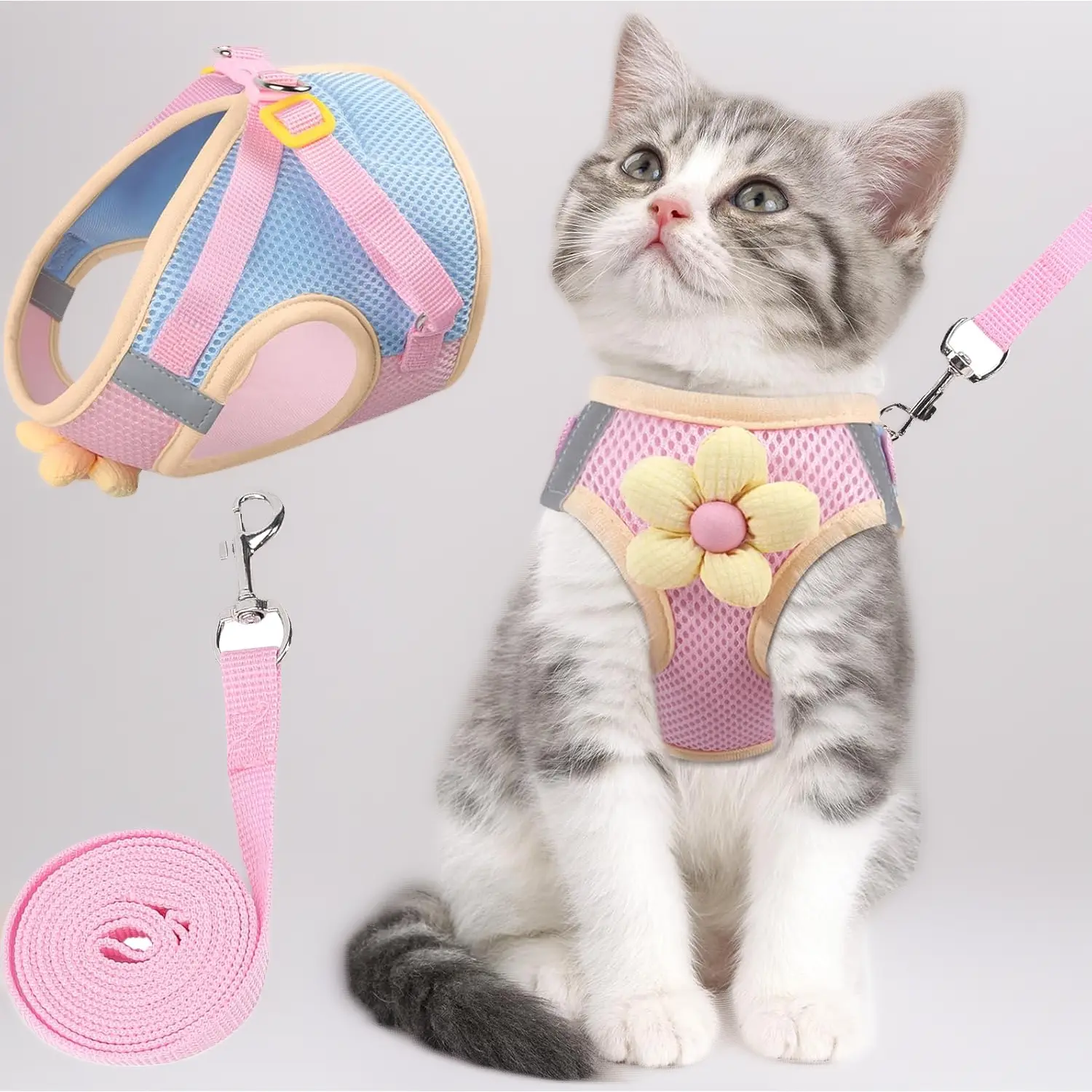 Escape Proof Cat Collar-Harness & Lead Set, Adjustable Breathable Mesh, Reflective Strips, Floral Design for Kittens, Everyday Use
