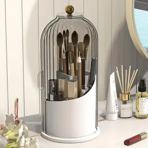 Dustproof Cover Makeup Brush Organizer, 360° Rotating Clear Toothbrush Holder, Vanity & Bathroom Counter Storage Box, Ideal Gift for Women, Birthday & Valentine's Day Present
