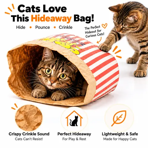 Popcorn Crinkle Cat Hideaway Tunnel Bag, Double-Layer Kraft Paper Peekaboo Cat Toy, 29.53 ×13.78 in, Makes Crinkly Rustling Sounds When Scratched, Foldable Easy Storage for Indoor Cats