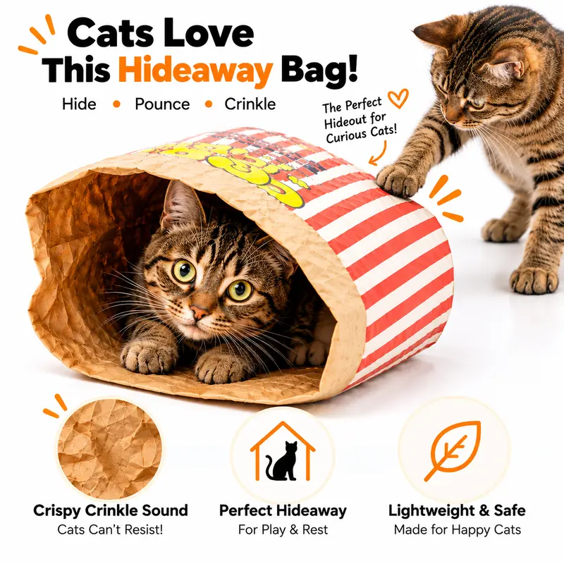 Popcorn Crinkle Cat Hideaway Tunnel Bag, Double-Layer Kraft Paper Peekaboo Cat Toy, 29.53 ×13.78 in, Makes Crinkly Rustling Sounds When Scratched, Foldable Easy Storage for Indoor Cats