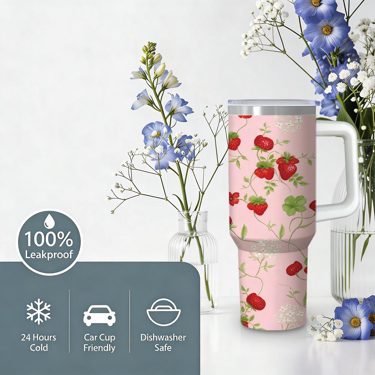 30 oz Sweet Strawberry Insulated Tumbler, Pastel Pink Travel Mug with Vintage Berry & Floral Print, Comfort Handle & Straw, Strawberry Girl Aesthetic Water Bottle, Perfect Gift for Her