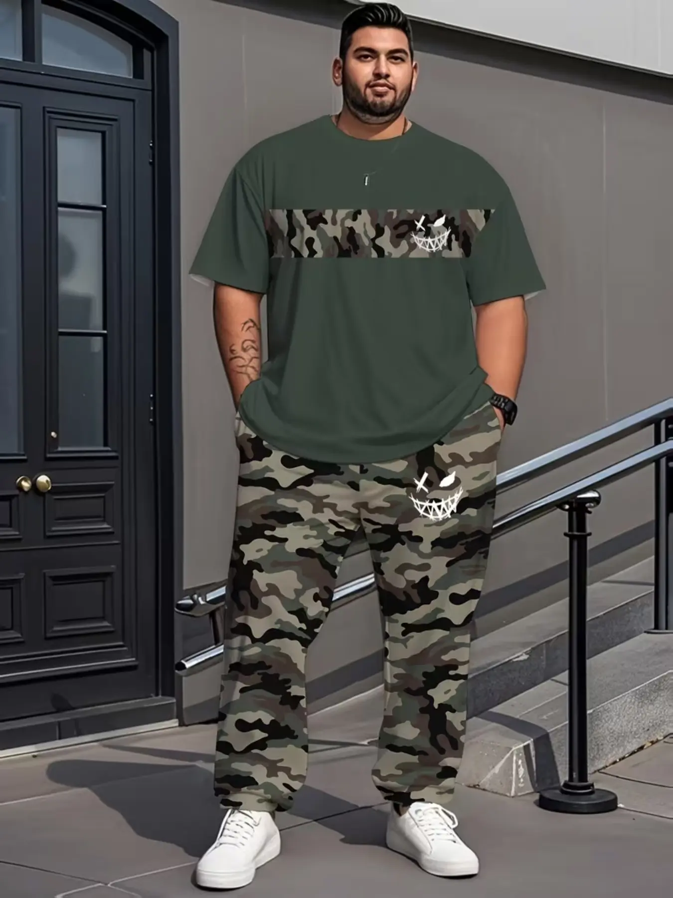 Men's 2-Piece Set Short Sleeve Long Pants, Plus Size Casual Sporty Set Casual Athletic Sportswear Jogging Outdoor Sports Wear, Round Neck Stretchy Comfortable Fit