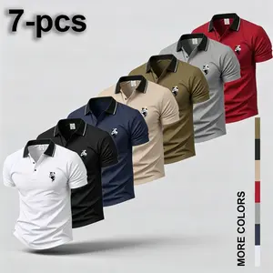 Men's 7 pack polo shirt with contrast collar, slim fit, short sleeves; classic, stretchy, soft, breathable; available in multiple colors; basic top for casual, business, golf, and everyday wear; lightweight, quick-drying. comfortable