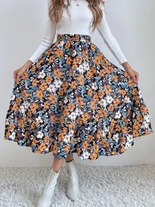 Women's Summer Boho Floral Print High Waist Loose A-Line Skirt, Leopard Pattern Midi Skirt, Bohemian Womenswear Perfect for Daily Wear and Beach Vacation