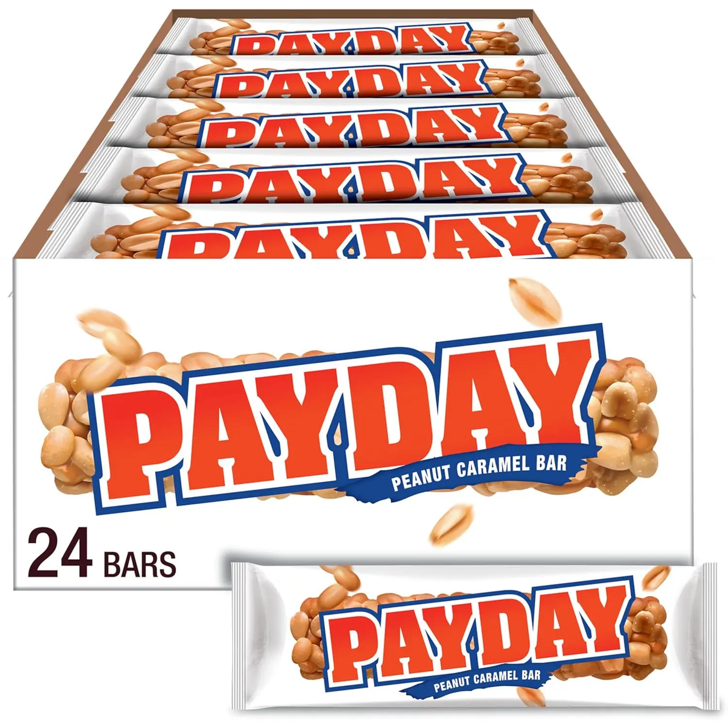 Hershey PAYDAY Full Size Peanut Caramel Candy Bars - 1.85 oz, 24 Count Bulk Box - Vegetarian, Gluten/GMO/Caffeine-Free - Easy Storing Cupboard Snack for All Ages - Nutty Sweet-Salty Grab-and-Go Treat