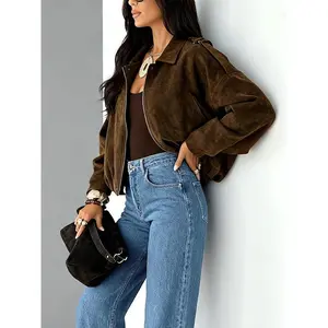 Women’s new regular-style retro coffee-brown jacket — synthetic leather/suede cotton, long sleeves, single-breasted, short length, windproof, with pockets and metal buttons; suitable for outdoor wear in autumn and winter