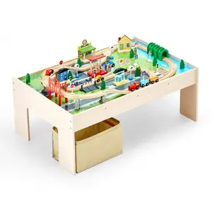 VEVOR Train Table, 62 Multicolor Pieces Wooden Kids Activity Table with Large Storage Drawer, 3-in-1 Wooden Train Set for Playing, Drawing, Reading, Eating, Creative Toy Set for Kids Ages 3+