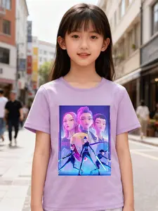 Girls Summer Witch Hunter Corps Short Sleeve T-Shirt, Cartoon Pattern, Loose Fit, Casual Round Neck, Comfortable for Daily Wear