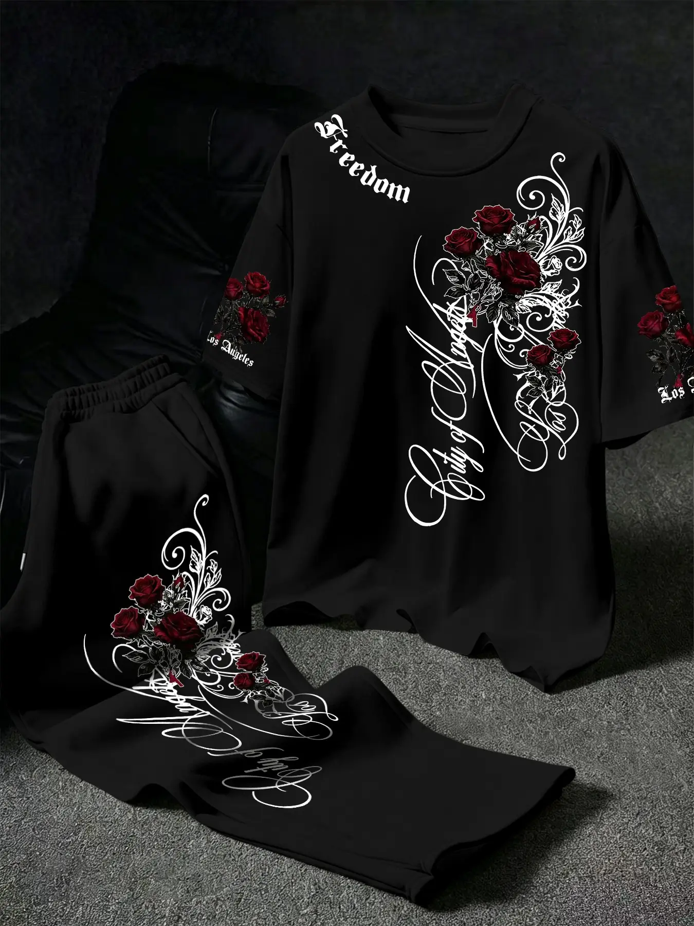 Men's American Dark Rose Vine Print Short Sleeve Set, Loose T-Shirt + Straight Leg Pants, Elastic Drawstring Waist, Comfortable Fit