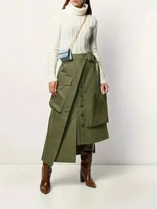 Women's Fall Winter 2026 Fashion Solid Color Unique Large Pocket Design Waist Belt Button Casual Street Style Workwear Skirt, Womenswear, Boho Casual Skirts