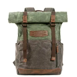 Vintage canvas bag, oil-wax canvas, color-blocking backpack, outdoor hiking and mountaineering backpack, student school bag
