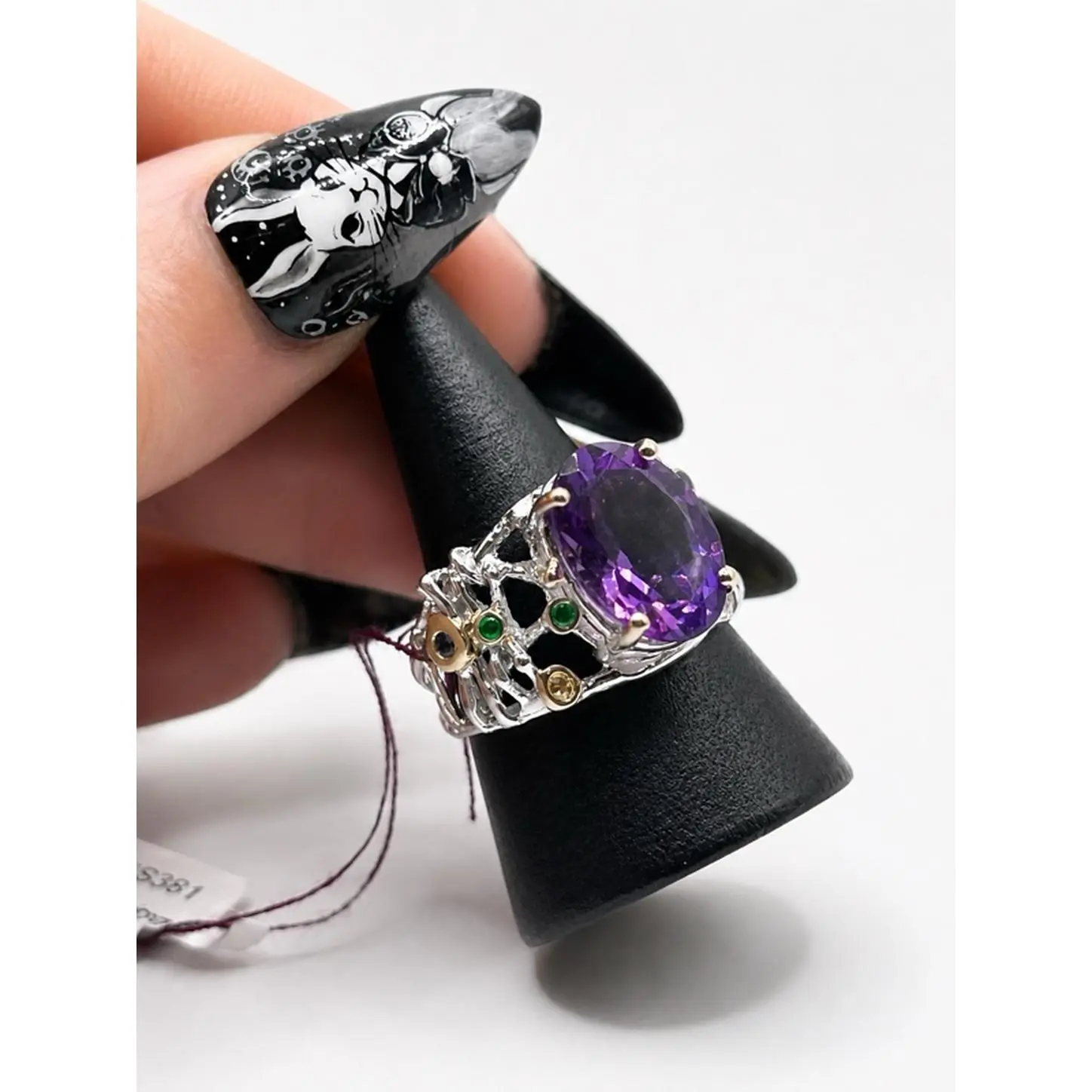 Amythyst and emerald gemstone ring 925 sterling silver and rose gold accents size 8