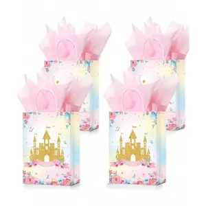 Princess Party Gift Bags with Handles, Gold Crown Castle Floral Design, Party Favor Packs, Perfect for Birthday Parties, Wedding Gifts, and Shower Supplies