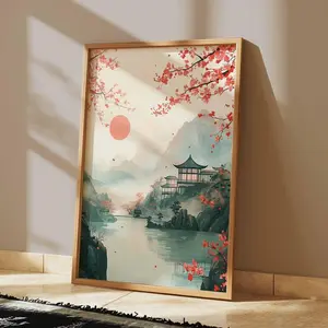 [SALE UP TO 50% + FREE SHIP] Japanese Landscape Wall Art, Cherry Blossom Temple Poster, Tranquil Sunrise Lake Print for Peaceful Home Decor