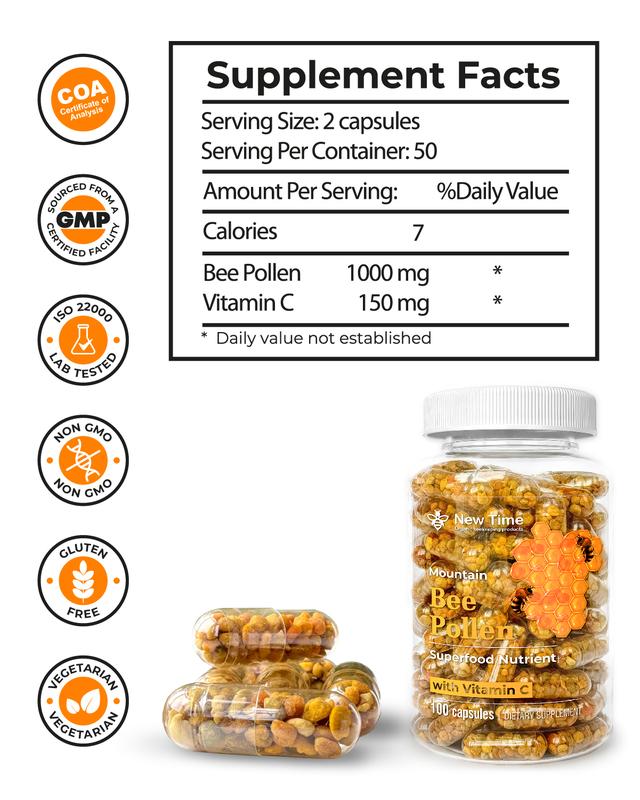 Bee Pollen with Vitamin C, 100 Capsules, Organic Dietary Supplement, Fermented Multivitamin Probiotic Superfood Vital Proteins Immune Support & Energy
