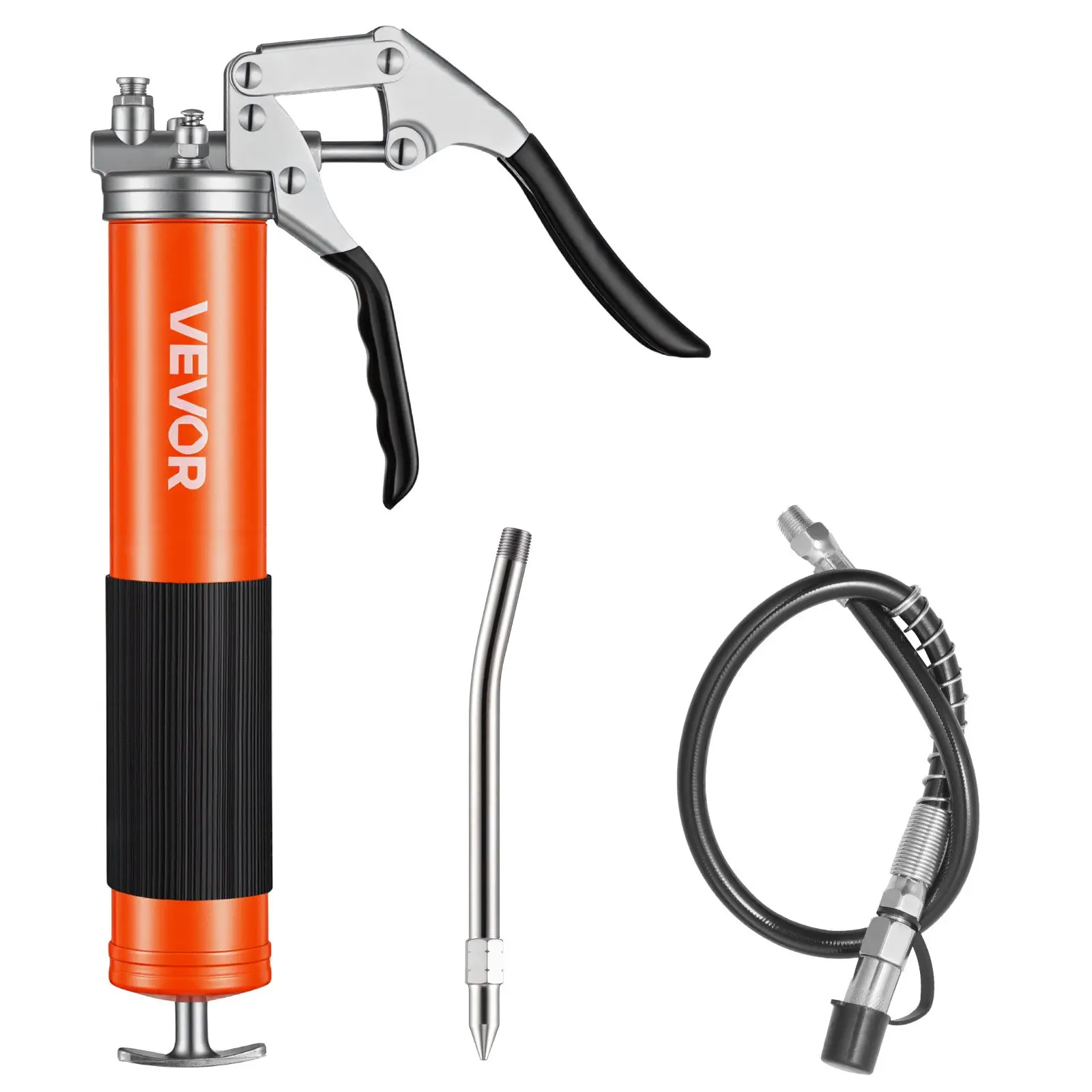 【Father's Day Gift】VEVOR Rubber & Carbon Steel Grease Gun, 8000 PSI High Pressure Heavy-Duty Pistol Grip Kit, 14 oz Capacity, 18-Inch Flex Hose, 1 Rigid Extension Pipe, 1 Sharp Nozzle, 14.3 x 5.5 x 2.4 in, for Nautical Use, High Viscosity, Automotive, Rep