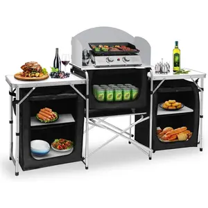 Camping Kitchen Table Aluminum Portable Outdoor Cooking Table Foldable Camp Table with Windscreen and 3 Storage Cupboards Multifunctional for BBQ, Party, Picnics and Outdoor Activities Black