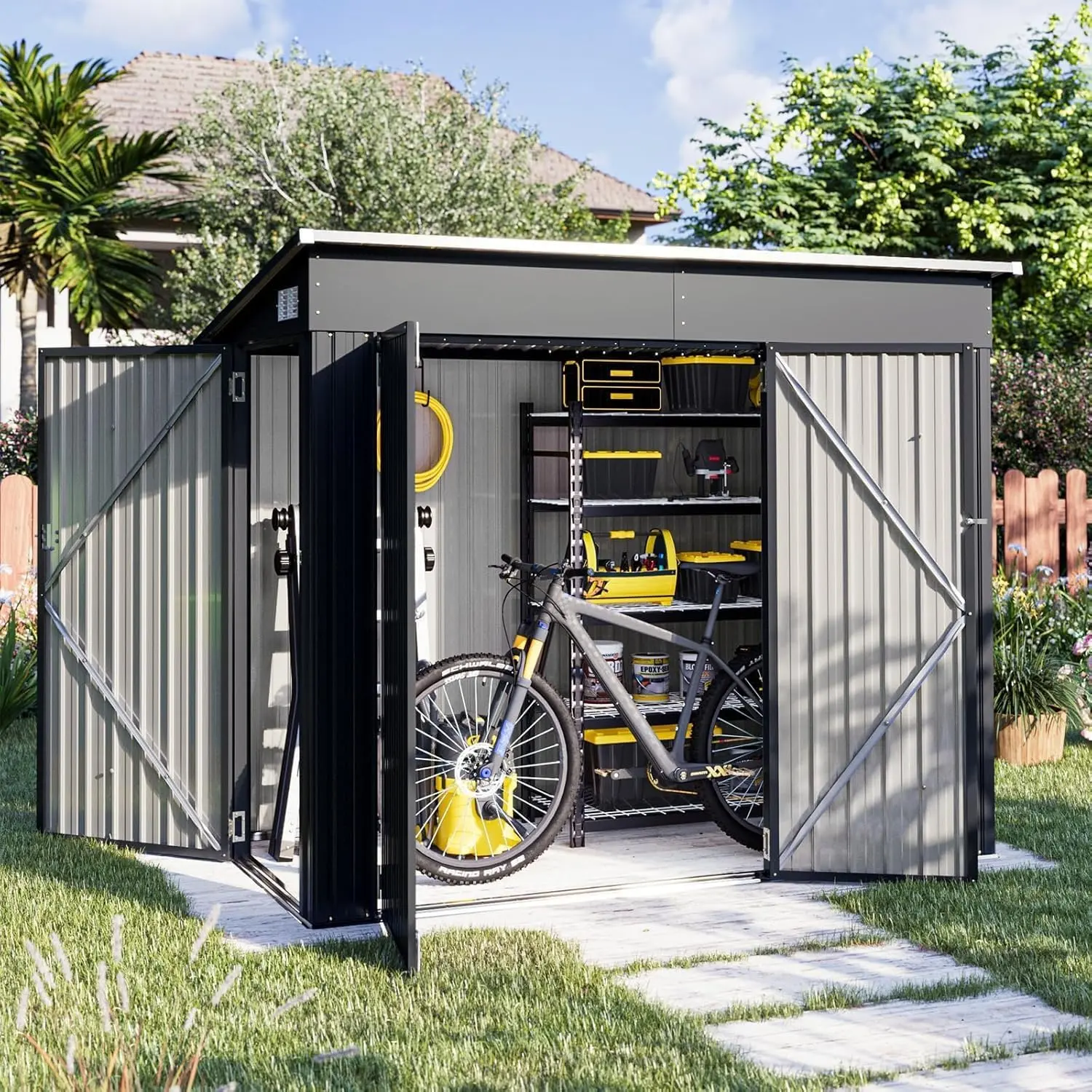 Aoxun 7.5'x4' Triple-Door Outdoor Storage Shed, Lockable Black Metal Building for Tools, Organized Gardens & Backyards, Garden Backyard Cabinet