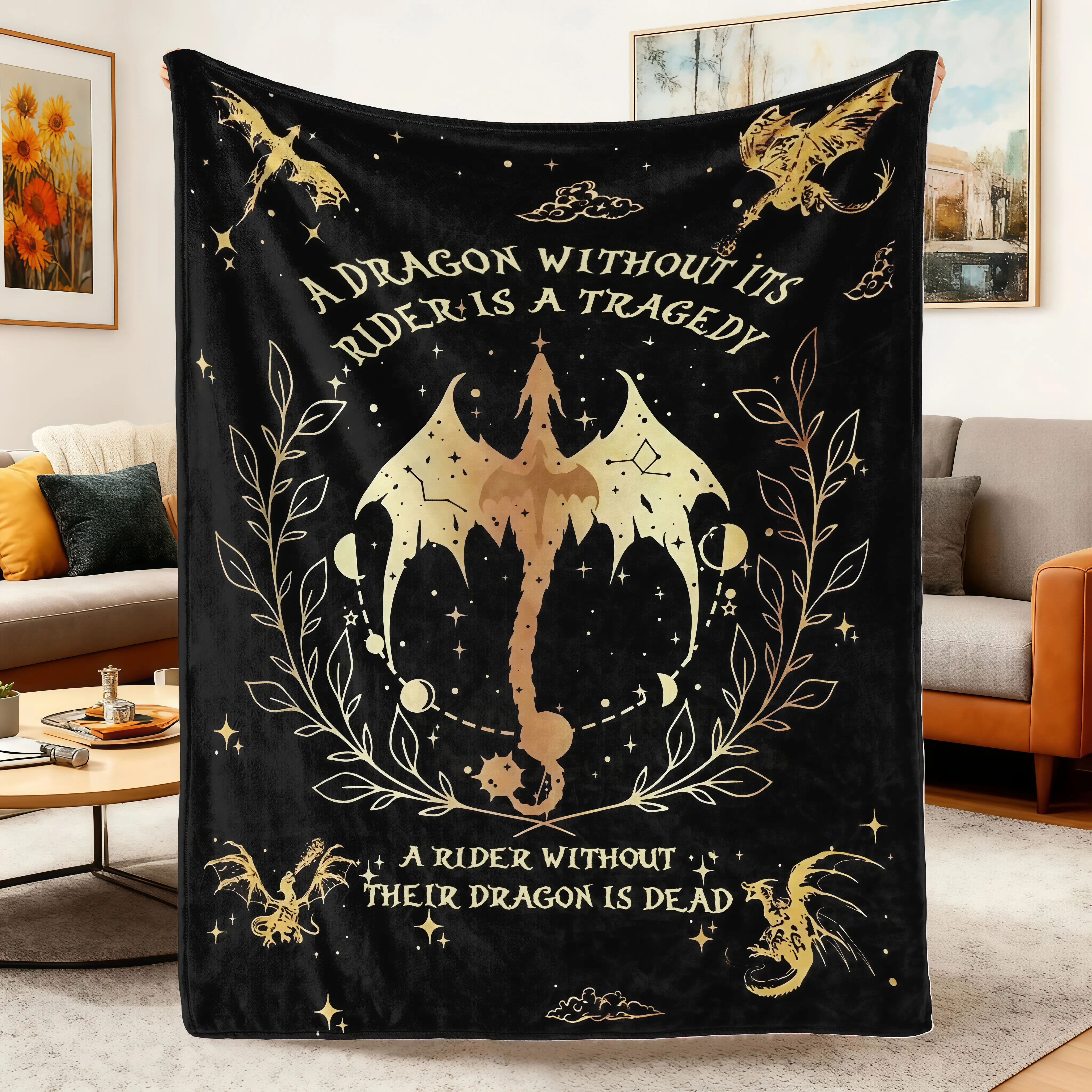 Soft Comfortable Flannel Throw Blanket, Glam Style Tie-Dye Digital Print with Dragon and Rider Motif, All-Season Cozy Polyester Bedding for Home Decor & Watch Party, Multipurpose Pet Blanket