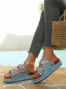 Women's Boho Beaded Thick Sole Sandals, Summer Footwear, Adjustable Buckle Flip Flops for Music Festivals, Beach, Daily Wear, Y2K Rainbow Sequins
