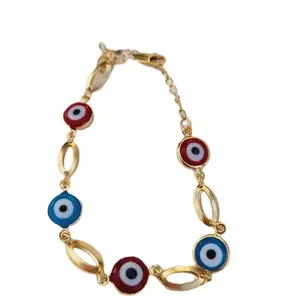 Beautiful Blue and Red Turkish Eye Bracelet in Laminated Gold for Women