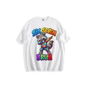 Cartoon Raccoon Dab Dance Tie-Dye Hoodie, Neon Green Outline Character Blue Jeans Sneakers, "SIX SEVEN" "BRUH" Text Print Trendy T-Shirt - Casual Loose Fit, Comfortable Cotton Blend, Perfect for Hip-Hop Fans, Funny Humorous Streetwear Apparel