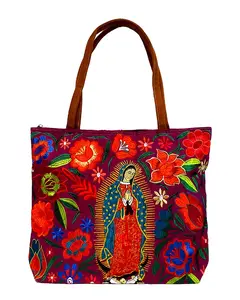 Embroidered Floral Virgen de Guadalupe Large Suede Tote Bag