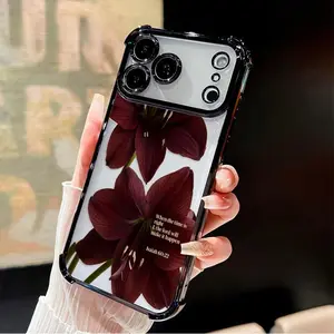 Phone Case for iPhone 17 16 Pro Max 15 Plus 14 13 12 11 E Air Rich Burgundy Lily Pattern Premium Plated Cover Casing Clear Protective Four Corners Air Cushion Anti-drop