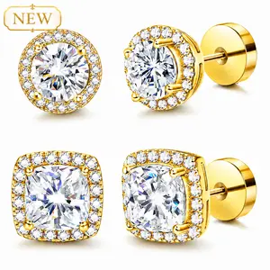 Unisex Luxury 4-Piece Halo CZ Stud Earring Set — Gold Plated, Round/Square Styles; Hypoallergenic Material — Ideal Gift for Men & Women; With Secure Screw Ear Backs for Wedding Birthday Anniversary
