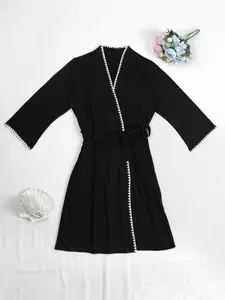 Women's Contrast Binding Belted Robe, Casual Soft Comfortable Bathrobe, Lightweight Home Wear for Spa Center, Plus Size