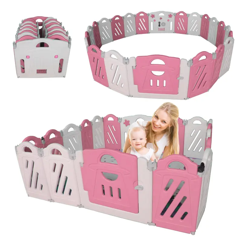 20+2 Panel Baby Playpen, Foldable Playard for Baby and Kids, Adjustable Shape Play Fence with Safety Lock Gate (Pink+White,20+2 Panel) Play Pen Kids Activity Centre Safety Play Yard Home Adjustable Shape, Portable Design for Indoor Outdoor Use