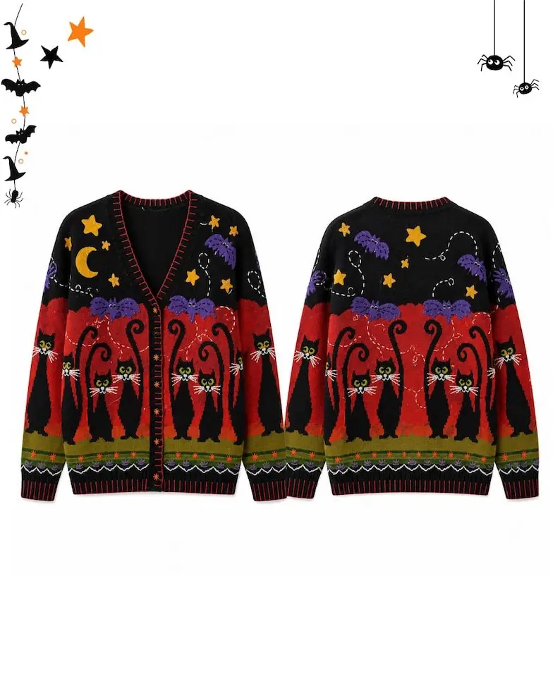 Black Cat Halloween Cardigan, Spooky Cat Knit Sweater, Gothic Halloween Cardigan, Fall Witchy Cardigan, Cute Cat Lover Gift