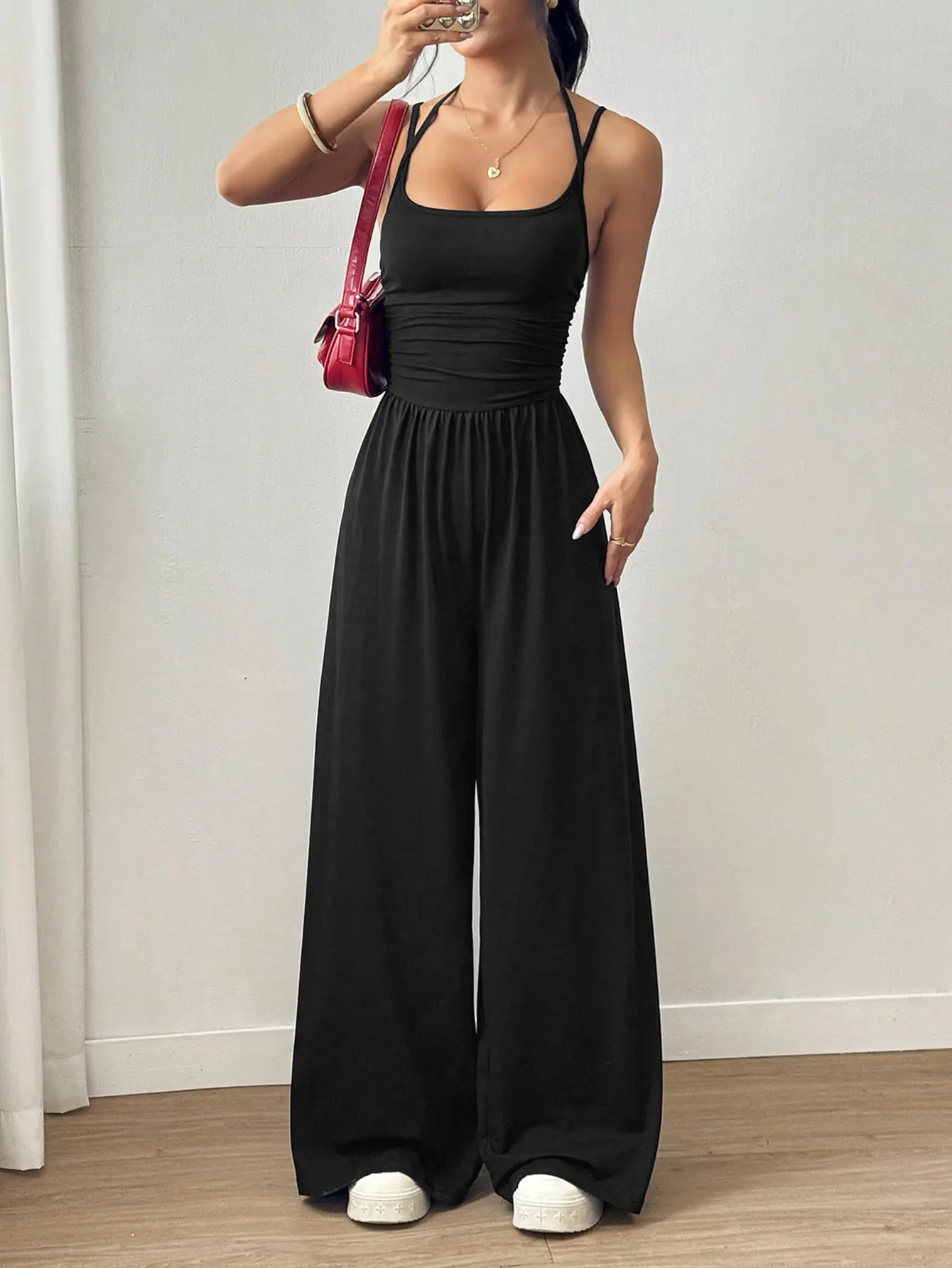2026 women's new camisole casual chest hugging jumpsuit with wide legs and loose fit