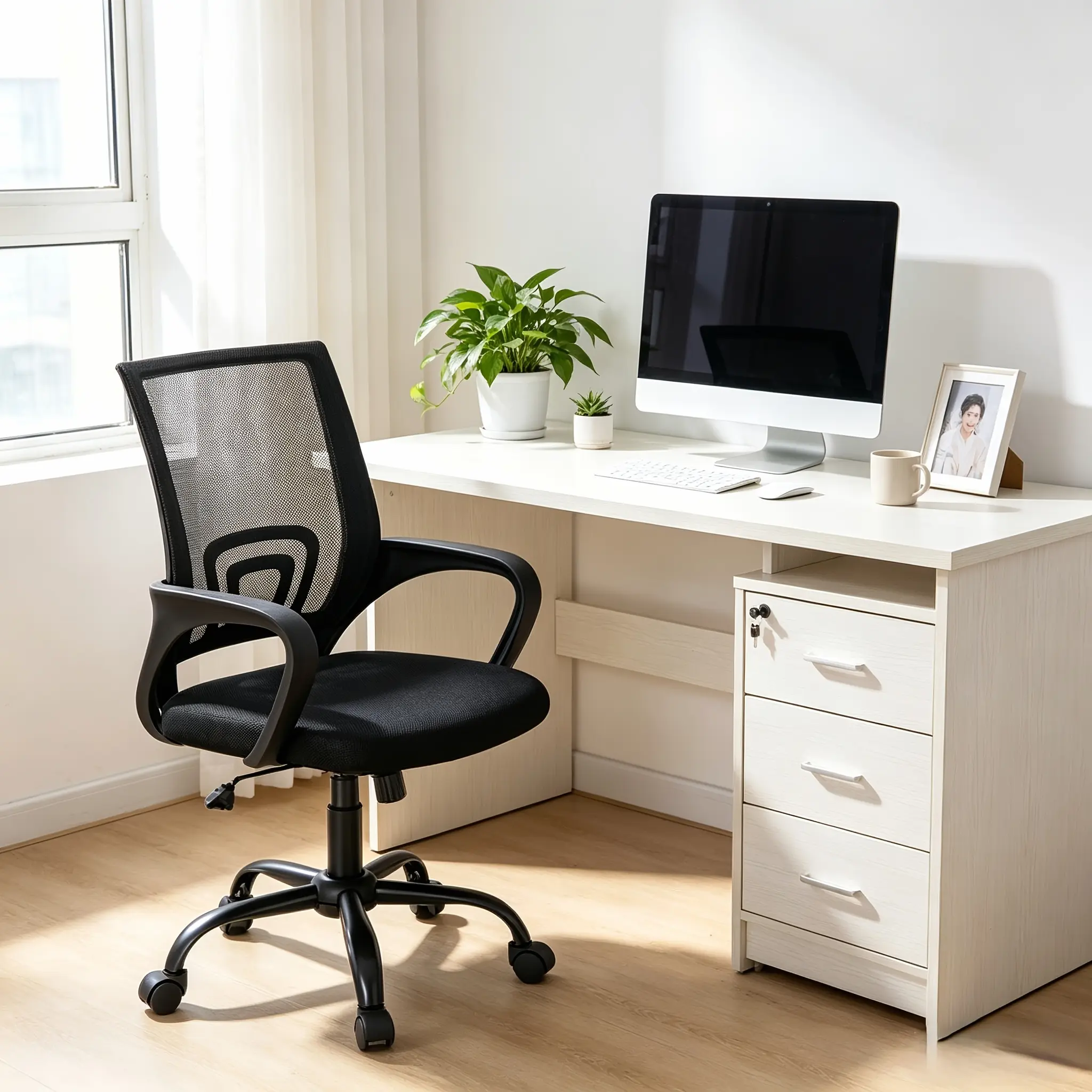 Height Adjustable Office Desk Chair with Lumbar Support Rocking Mode, Fixed Armrests, Swivel Computer Gaming Chair for Conference Meeting Rooms