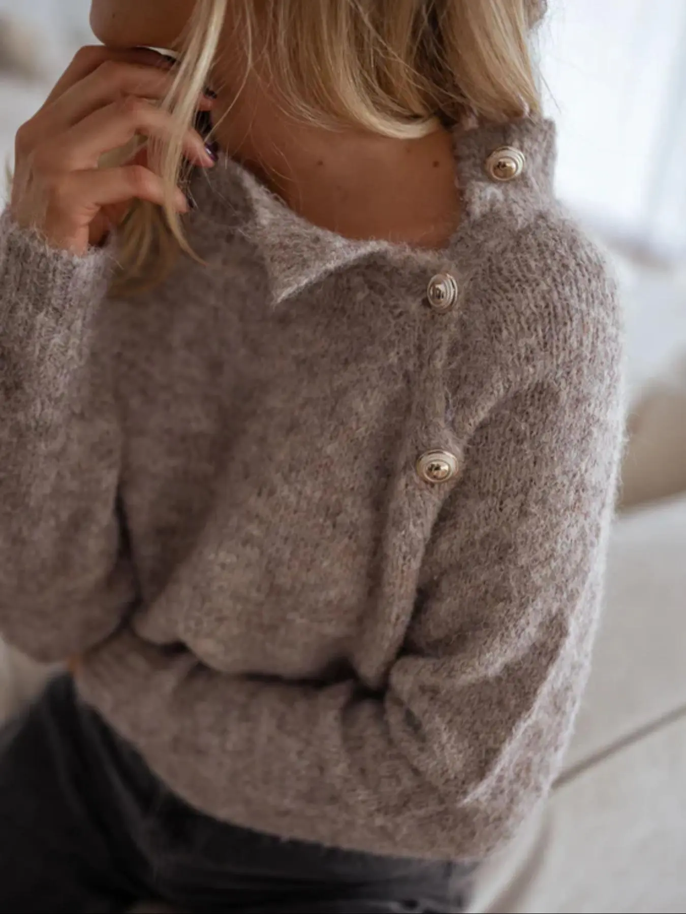 Women's Solid Color Shoulder Button Sweater Knitwear, Long Sleeve Fuzzy Half High Neck Top, Casual Warm Pullover for Fall & Winter