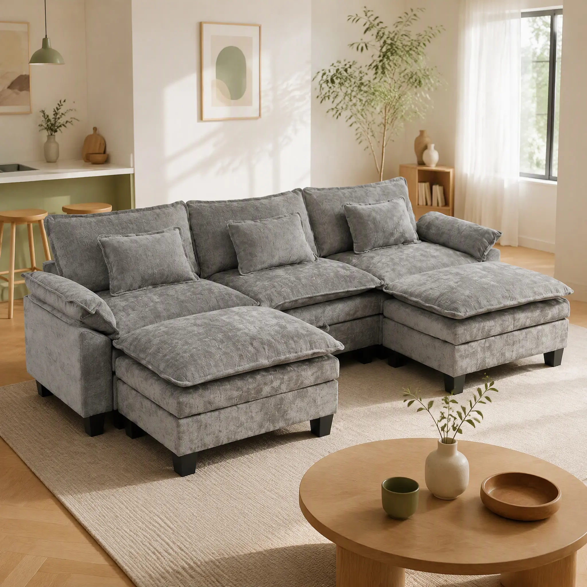 U-Shaped Modular Sectional Cloud Sofa 120 inch, Comfy Deep Seat Chenille Couch with Ottoman & Throw Pillows, Convertible Modular   Sectional Sofa   Sleeper for Living Room, Home Apartment, nice furniture, family couch.