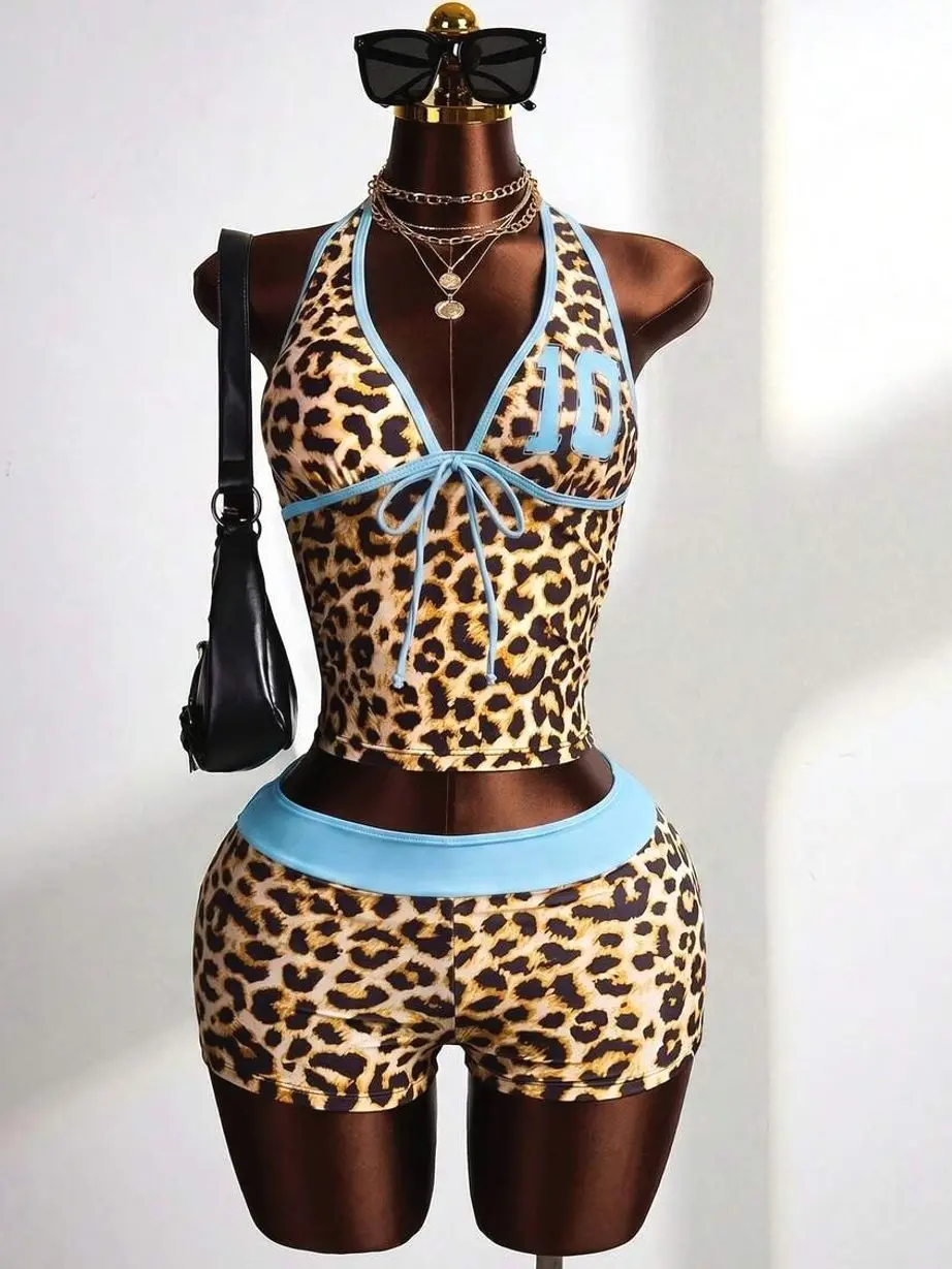 Leopard Print Halter Tankini Set, Trendy 2-Piece Summer Beach Swimwear
