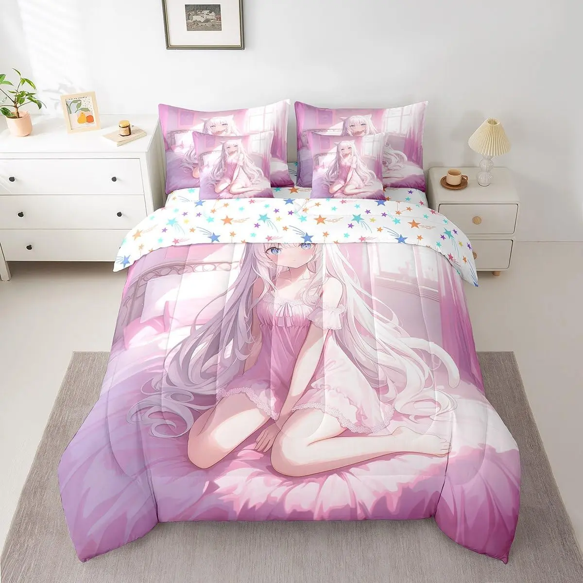 Japanese Anime 7 Piece Comforter Set,Anime Bedding Set Kawaii Japanese Style Bed in A Bag Cartoon Japan Animation Sheet Set Adult Women Bedroom,Pink