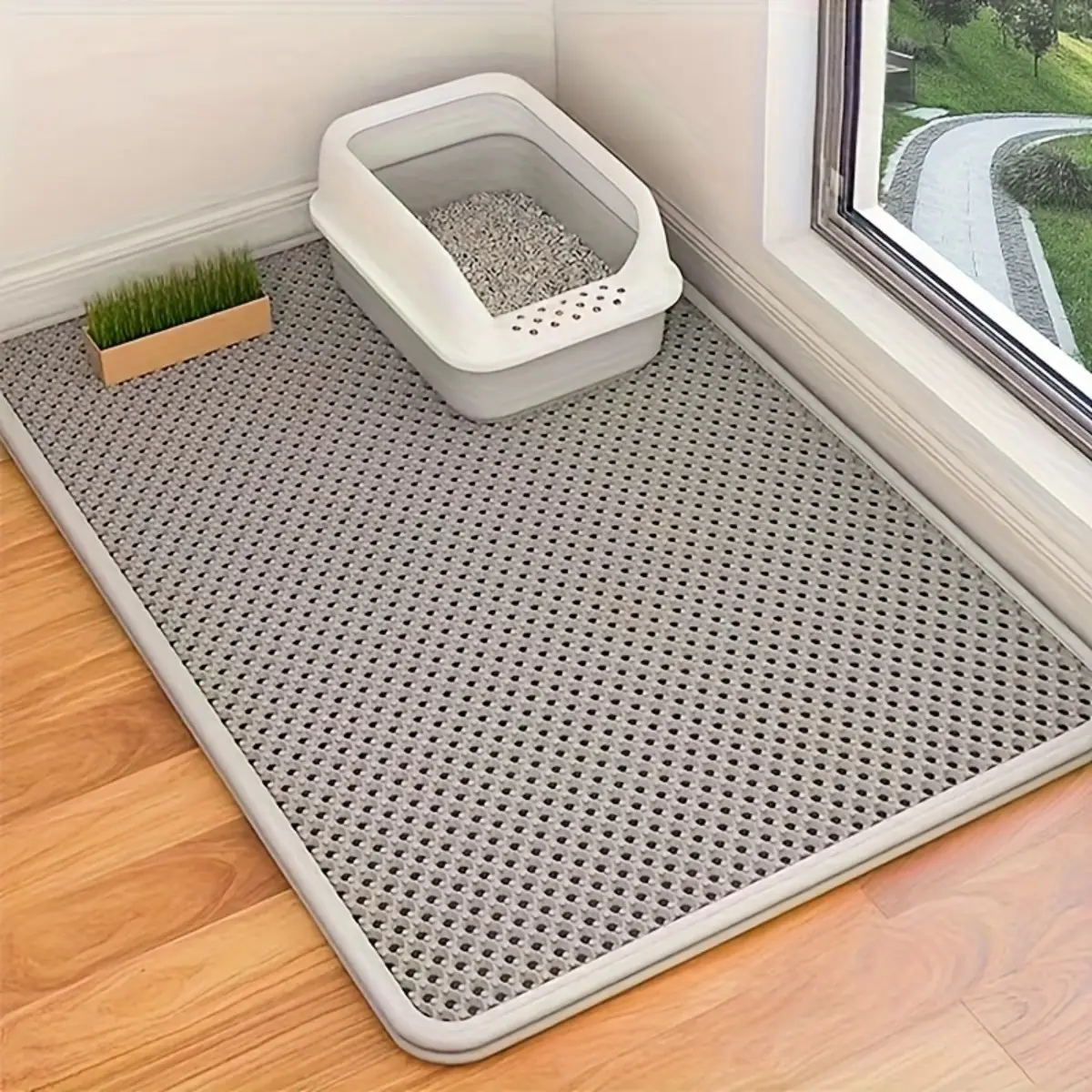 Double-Layer EVA Honeycomb Cat Litter Mat, Hook-and-Loop Edges Scatter Control Pad, Large Washable Non-Slip Backing Floor Protector That Traps Litter, Rinse-and-Dry Indoor Pet Supply Accessory