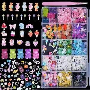 Assorted Acrylic 3D Nail Charms Multi Color Flower Bows Butterfly Heart Pearls Nail Charms Bear Candy Cute Nail Charms for Nail Art DIY Crafts Accessories