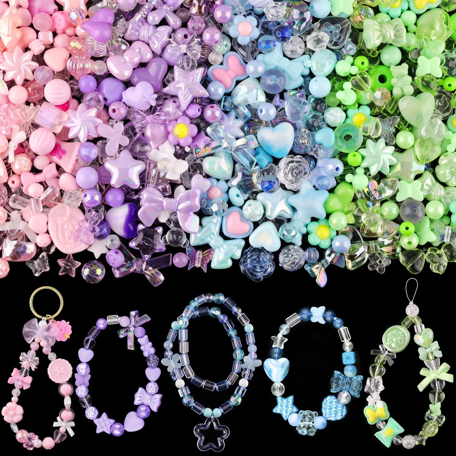 210-270PCS Bulk Acrylic Beads Set for DIY Beading, Cute Flower Bow Butterfly Candy Gummy Bear Charms for Bracelet Making, DIY Jewelry Decoration & Keychain Phone Charm Supplies